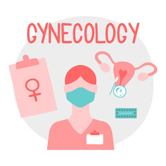 Gynecology icons set. Gynecologist, check up, bacteria test, birth control pills.