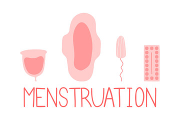 Menstrual period icon set. Menstrual cup, tampon, pad, contraceptive pills. Female hygiene products.