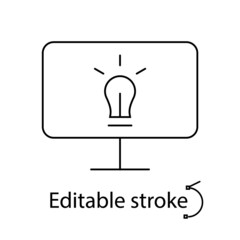 Computer problems outline icon. Light bulb on monitor. Antivirus program. Monoblock damage. Isolated vector illustration