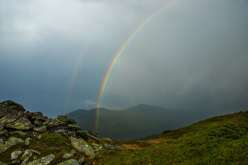 Rainbow in the rainy sky over the Carpathians. Ukraine.
