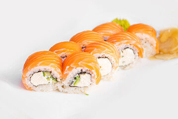 Sushi rolls with tuna on a white background