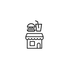 Store and shop concept. Outline sign suitable for web sites, stores, shops, internet, advertisement. Editable stroke drawn with thin line. Icon of burger and soda over store