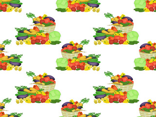 Seamless pattern with vegetables in a basket and next to it on a white background.