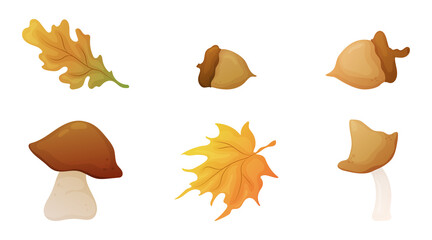 Mushrooms with leaves and acorns. Seasonal mood. Vector illustration