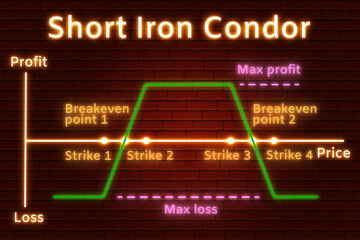 Neon graph of Short Iron Condor options strategy in the financial market. Neon lines and text on background of brown brick wall. Financial market concept