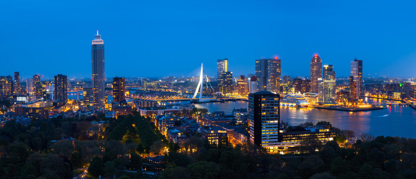 Beautiful blue hour cityscape of Rotterdam, Holland-Netherlands, from above