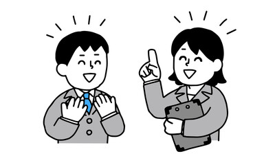 スーツ姿の女性から仕事について説明を受けるスーツ姿の男性