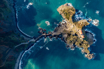 Aerial view of the island and the Gaztelugatxe temple. Northern Spain in winter.