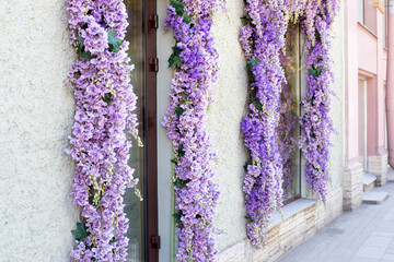 Decoration with purple decorative artificial Delphinium flowers over an entrance of store and shop windows. Vintage exterior
