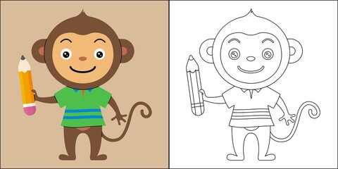 Cute monkey holding pencil suitable for children's coloring page vector illustration