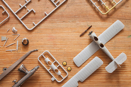 Scale model of the airplane fighter with details. Plastic assembly kit. Top view