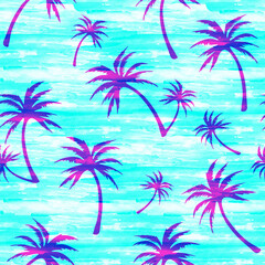 Fototapeta na wymiar Palm trees on blue watercolor background, seamless summer beach pattern