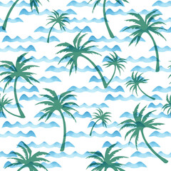 Fototapeta na wymiar Palm trees on the background of sea waves, seamless summer beach pattern