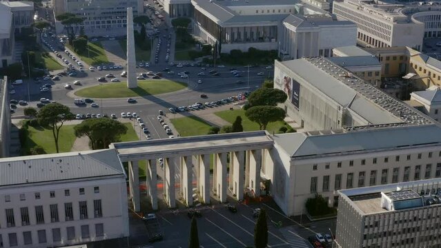 Aerial view of the Obelisk of Marconi, also known as Obelisk of EUR. This obelisk is located in Rome, Italy.