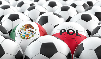 Poland vs. Mexico Soccer Match - Leather balls in Poland and Mexico national colors. 3D Rendering 