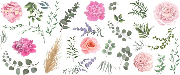 Vector grass and pink flower set. Eucalyptus, different plants and leaves, lavender, pink roses, Hydrangea, peony, ranunculus, dry wood.  - obrazy, fototapety, plakaty