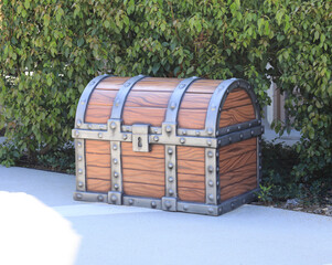 wooden pirate chest outdoors closeup
