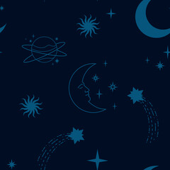 Celestial elements on a dark blue background. Boho seamless pattern.	
