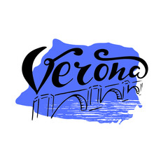 Verona Romeo and Juliette city Italy digital hand lettering for the travel business, banner, sticker, brochure, card, celebration. Black letters with bridge on the blue background. vector illustration