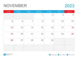 November 2023 template-Calendar 2023 design , Desk Calendar 2023 template, Planner simple, Week starts Sunday, Stationery, Wall calendar, printing, advertisement, vector illustration