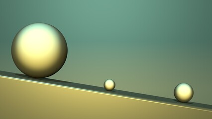 Golden balls of different sizes roll down the mountain. Abstract balls design. 3D render illustration.