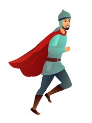 Medieval knight running smiling. In iron mail and helmet. In red cape. Boy guy with beard. Fighting man. Isolated on white background. Cartoon flat style design. Vector