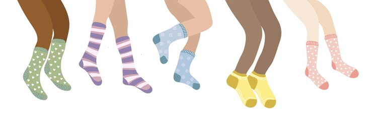 Set of people legs in colorful socks. Women legs different skin color in wool or cotton socks. Vector illustration for banner, social media or cards.