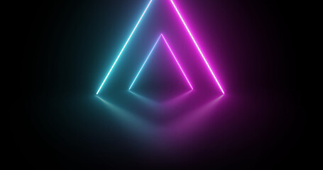 background in the form of blue and pink neon rods connected in a triangular frame and lined up in a tunnel
