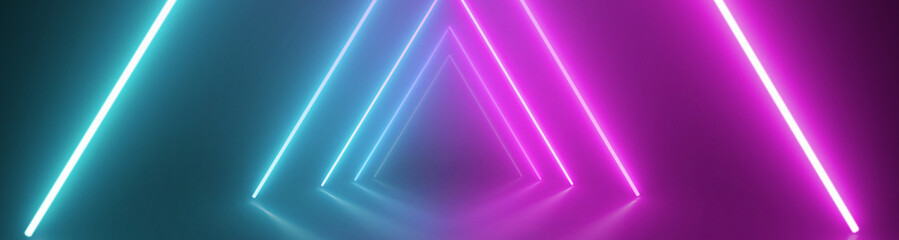 widescreen background in the form of blue and pink neon rods connected in a triangular frame and lined up in a tunnel
