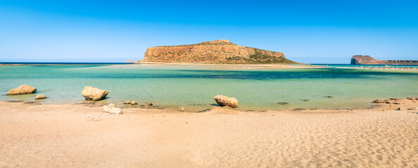  Balos beach and Gramvousa Island in summer, Panorama of the Greek island, A holiday destination