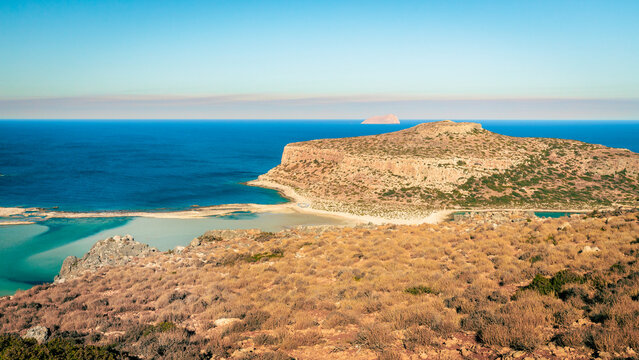 Balos beach and Gramvousa Island in summer, landscape, view of the Greek island, Holiday destination