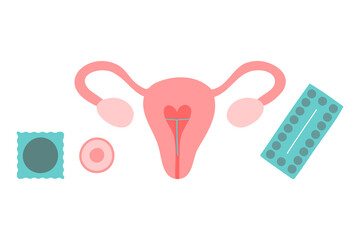 Contraception, condom and contraceptive pills icon set vector.  The method of IUD contraception is not isolated. Control and protection of pregnancy.