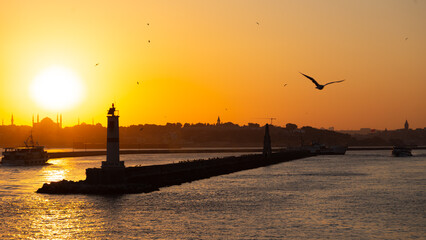 In Istanbul Historical peninsula photograph taken from the ferry at Kadıköy pier at sunset. Turkey