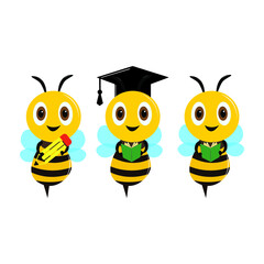 Cartoon cute bee education mascot set vector illustration