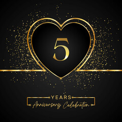 Fototapeta na wymiar 5 years anniversary celebration with gold heart and gold glitter on black background. 5 years anniversary logo golden colored with love. greeting, birthday party, wedding, event party.