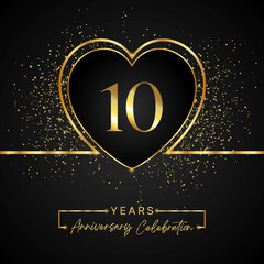 Fototapeta na wymiar 10 years anniversary celebration with gold heart and gold glitter on black background. 10 years anniversary logo golden colored with love. greeting, birthday party, wedding, event party.