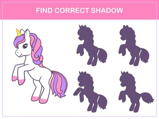Find correct shadow - children educational game with cute unicorn. Vector illustration