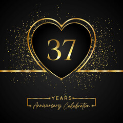 Fototapeta na wymiar 37 years anniversary celebration with gold heart and gold glitter on black background. 37 years anniversary logo golden colored with love. greeting, birthday party, wedding, event party.