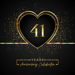 Fototapeta na wymiar 41 years anniversary celebration with gold heart and gold glitter on black background. 41 years anniversary logo golden colored with love. greeting, birthday party, wedding, event party.