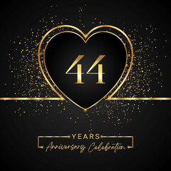 Fototapeta na wymiar 44 years anniversary celebration with gold heart and gold glitter on black background. 44 years anniversary logo golden colored with love. greeting, birthday party, wedding, event party.