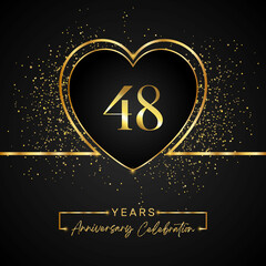 Fototapeta na wymiar 48 years anniversary celebration with gold heart and gold glitter on black background. 48 years anniversary logo golden colored with love. greeting, birthday party, wedding, event party.