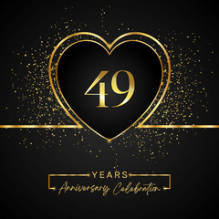 49 years anniversary celebration with gold heart and gold glitter on black background. 49 years anniversary logo golden colored with love. greeting, birthday party, wedding, event party.