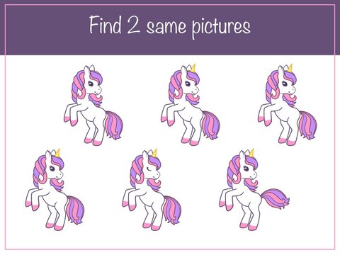 Find same picture - children educational game with cute unicorn. Vector illustration