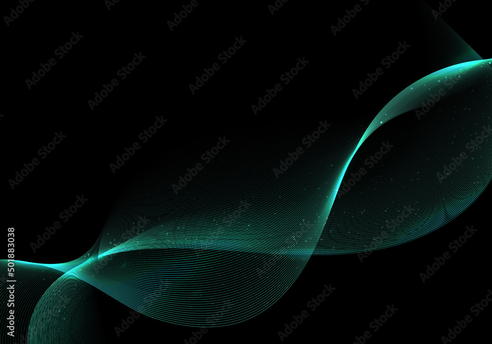 Poster abstract green wave or wavy lines glow light effect with particles on black background
