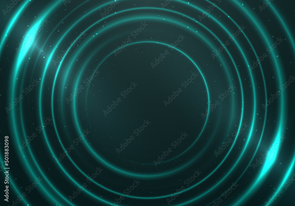 Poster abstract technology neon green glow circles lines pattern with lighting effect and particles on dark