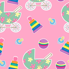 Seamless pattern with toys, pacifier and stroller on a pink background. Vector graphics