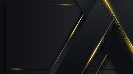3D modern luxury template design black and golden triangles stripes with gold glitter line light sparking on dark background