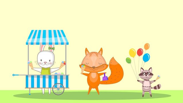 Animation, funny animals. Cute bunny sells ice cream to other animals. Cartoon, presentation.