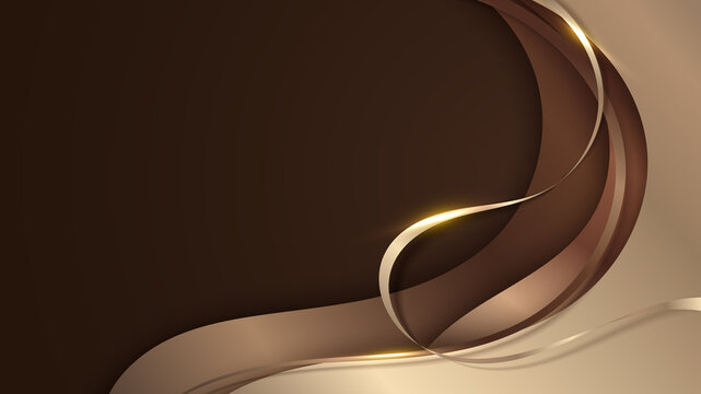 Abstract 3D modern luxury banner design template golden wave paper cut with gold ribbon lines on brown background