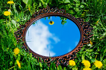 Reflections of the blue sky in the mirror on the green grass.